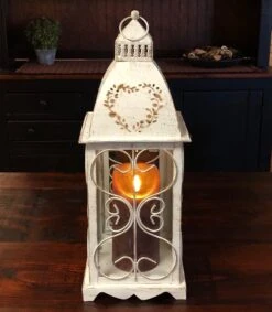Candle Lantern Holder - Antique Cream Heart Lantern - 16in