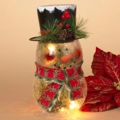 Crackle Glass Snowman Light With Scarf/Top Hat - 9in