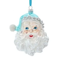 Glass Ornament - Blue/Silver Santa Head - 5.5in