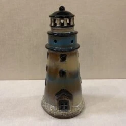 Lighthouse Candle Holder - Natural/Brown/Blue - 9.5in