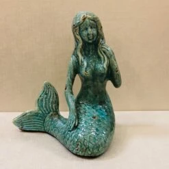 Mermaid Statue - Glazed Stoneware - Turquoise - 9in