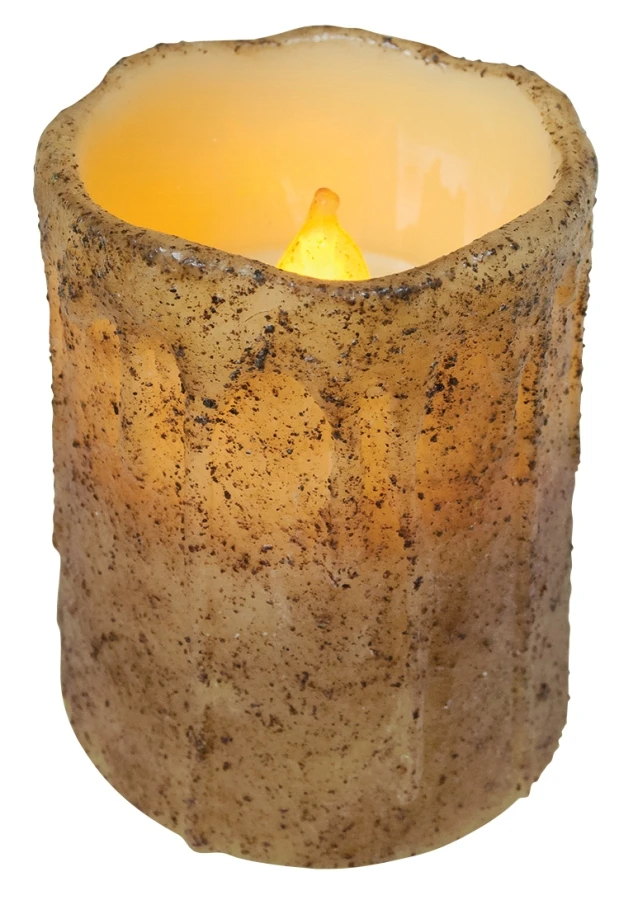 Primitive Battery-Operated Pillar Candle With Timer - Burnt Ivory - 4in X 3in 1 Primitive Battery-Operated Pillar Candle With Timer - Burnt Ivory - 4in X 3in