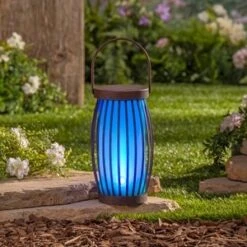 Solar Garden Light - Blue Barrel Basket - 10in